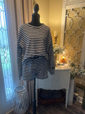 Black and white striped light weight long sleeve top and matching shorts
